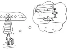Skizze: Ein Reisender stellt sich das Flugzeug ruhig am Himmel vor
